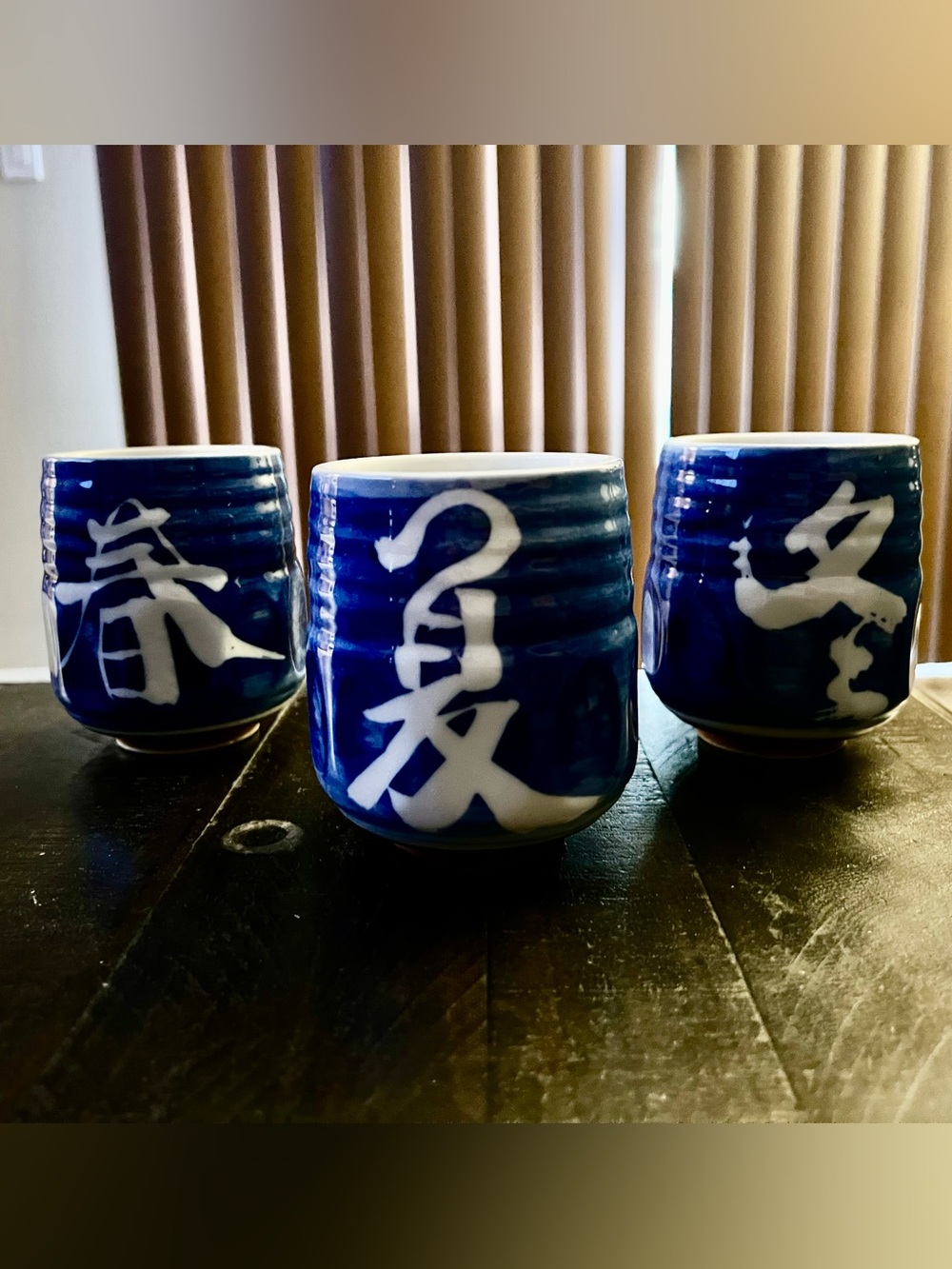 Vintage Japanese Yunomi Tea Cup Set of 3 – Seasonal Kanji – Blue & White